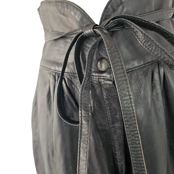 90s High Waist Leather Pants Laced Belt Slash Pockets Curved Hem Womens 26 Black - Picture 11 of 11